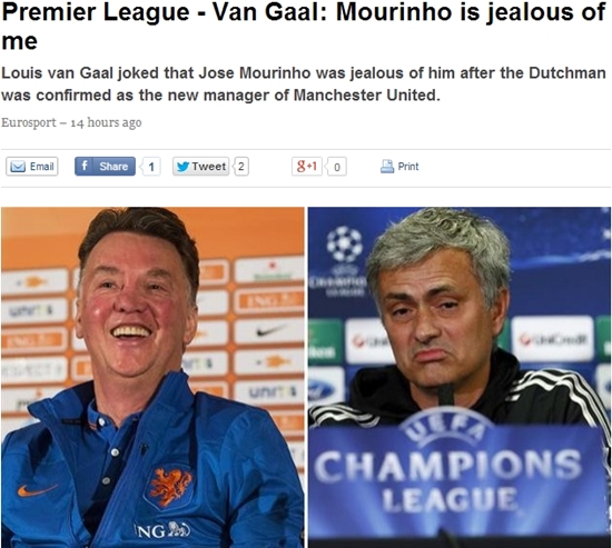 루이스 판 할(왼쪽) 맨체스터 유나이티드 감독이 조제 무리뉴 첼시 감독과 나눈 이야기를 소개했다. / '유로스포트' 캡처