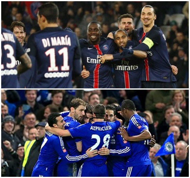 '16강 맞대결!' 첼시(아래)와 파리 생제르맹이 9일 잉글랜드 런던의 스템포드 브릿지에서 2015~2016시즌 UEFA 챔피언스리그 16강 2차전을 치른다. / 파리 생제르맹, 첼시 트위터 캡처