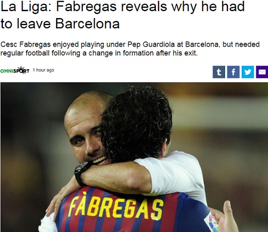이제는 말할 수 있다! 파브레가스가 고향팀 FC 바르셀로나를 3년 만에 떠난 이유를 19일 '유로스포트'가 공개했다. / 유로스포트 홈페이지 캡처