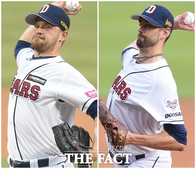 '최강 원투 펀치!' 마이클 보우덴(왼쪽)과 더스틴 니퍼트가 좋은 활약을 펼치며 두산 베어스의 선두 질주를 이끌고 있다. / 최용민 기자