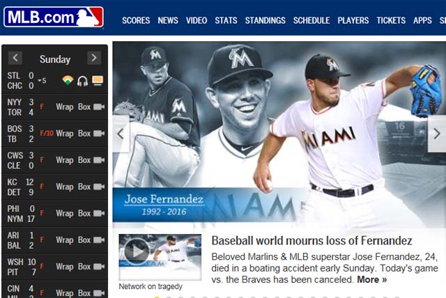 호세 페르난데스, 숨을 거두다! 마이애미 말린스의 투수 호세 페르난데스가 26일 '보트 사고'로 사망했다. 메이저리그 홈페이지는 호세 페르난데스의 사망 소식을 메인에 내걸며 애도의 뜻을 표했다. /메이저리그 홈페이지 캡처