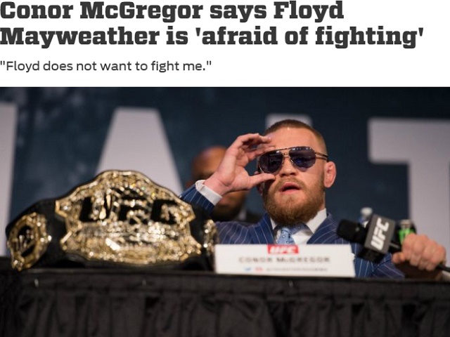 맥그리거 돌직구! UFC 페더급 챔피언 맥그리거가 '무패 복서' 메이웨더에게 자신과 싸움을 피하고 있다고 17일 '폭스스포츠'가 보도했다. / 폭스스포츠 홈페이지 캡처