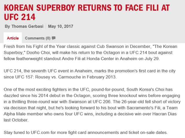 최두호 출격! UFC가 '코리안 슈퍼보이' 최두호의 복귀 소식을 전했다. /UFC 홈페이지 캡처