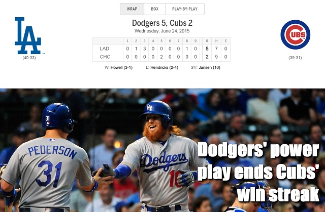 '터너 3점포!' LA 다저스가 25일 시카고 컵스를 5-2로 꺾고 2연패에서 벗어났다. / MLB.com 캡처