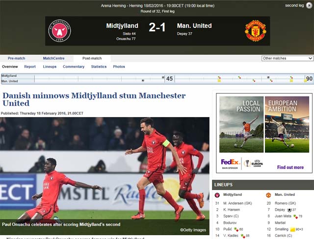 미트윌란 '준비된 이변!' 미트윌란이 홈에서 맨유를 2-1로 제압했다. 전술, 투지, 용병술 등에서 모두 미트윌란이 맨유에 앞섰다. /유럽축구연맹 홈페이지 캡처