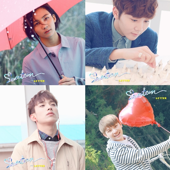 세븐틴 첫 번째 정규앨범 '러브&레터' 2차 포토레터. (좌측 상단부터 시계방향으로) 정한, 승관, 우지, 도겸은 순정만화 주인공 같은 면모를 뽐냈다. /플레디스엔터테인먼트 제공