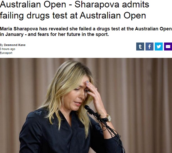 '샤라포바 자격정지!' ITF는 9일 마리오 샤라포바의 2년 자격 정지 징계를 확정했다. / 유로스포트 홈페이지 캡처