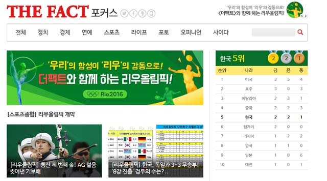 리우올림픽 순위, 한국 '5위!' 리우올림픽 순위 싸움이 대회 3일째에 더욱 치열하게 전개됐다. /더팩트 리우올림픽 페이지 캡처