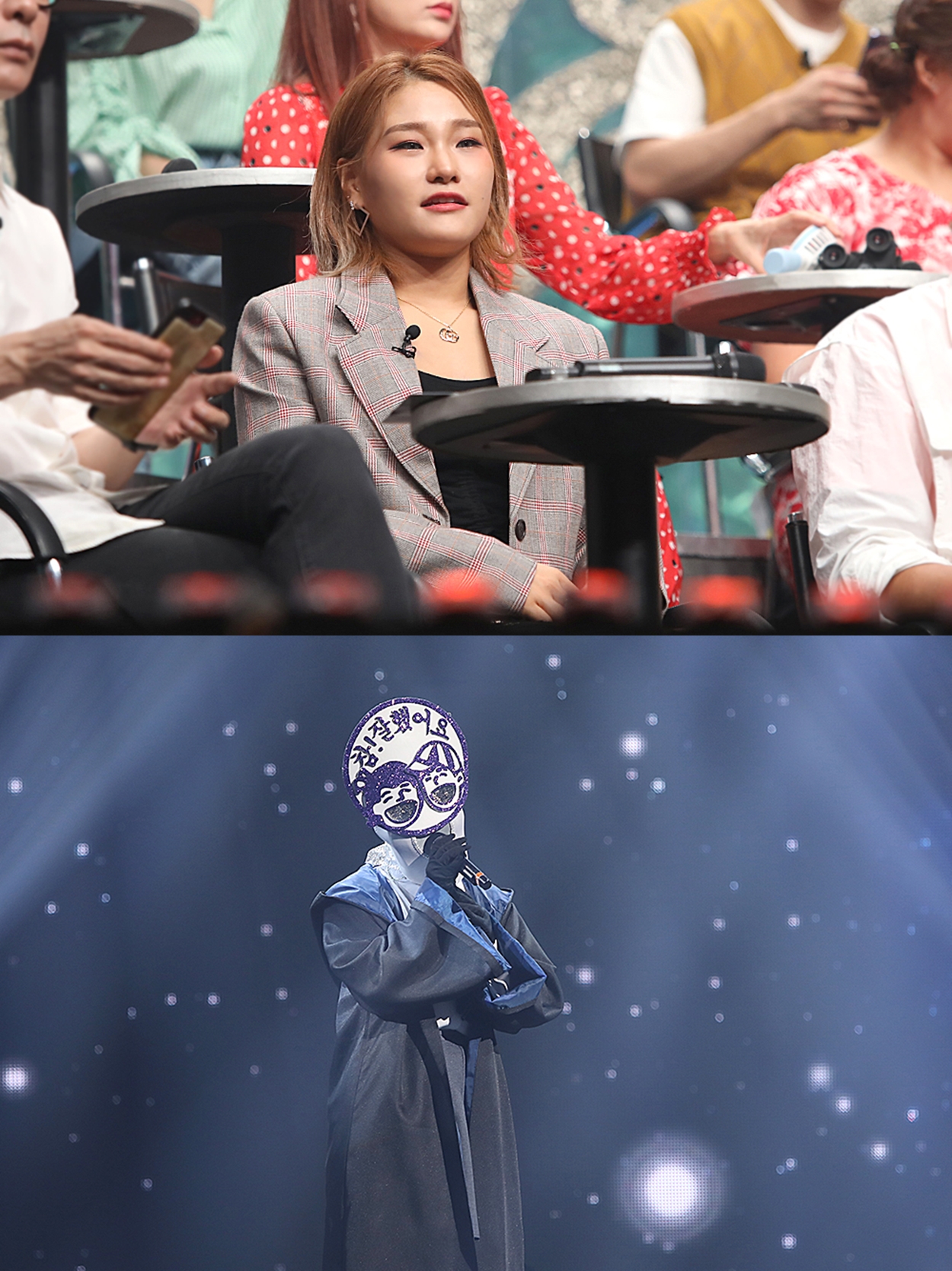 복면가왕 무대에서 공연 중인 가면 쓴 가수